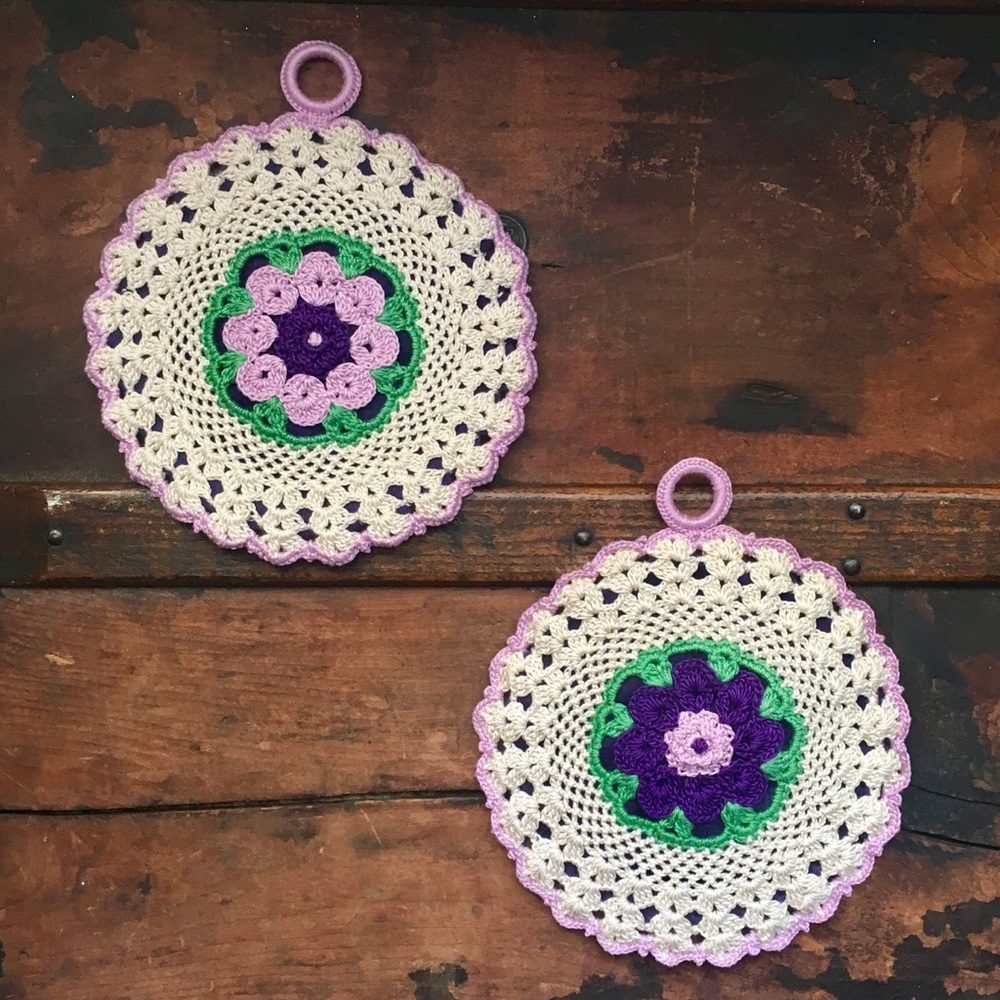 Set of 2 Handmade Crochet Purple Floral Potholders